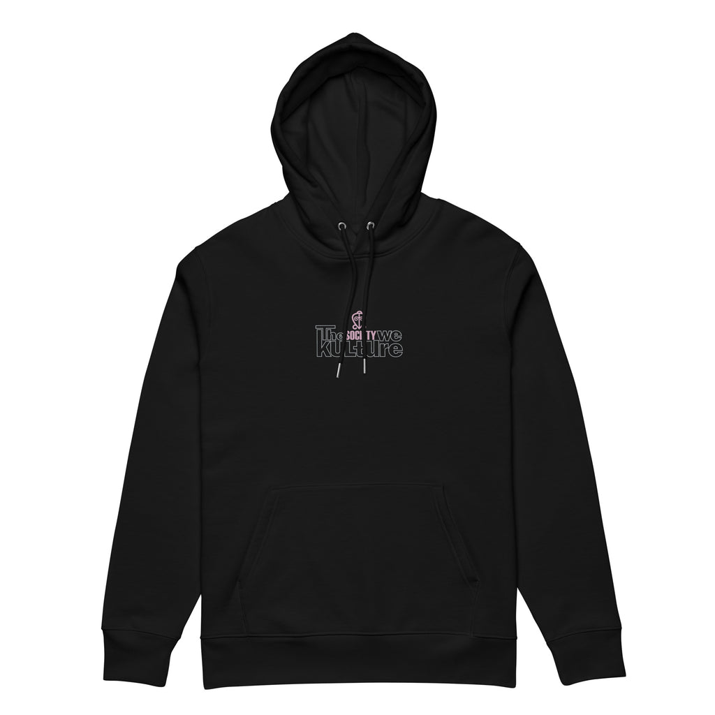 Flat lay of the black organic cotton hoodie featuring "The Society We Kulture" brand's "Love" graphic design print from the front.