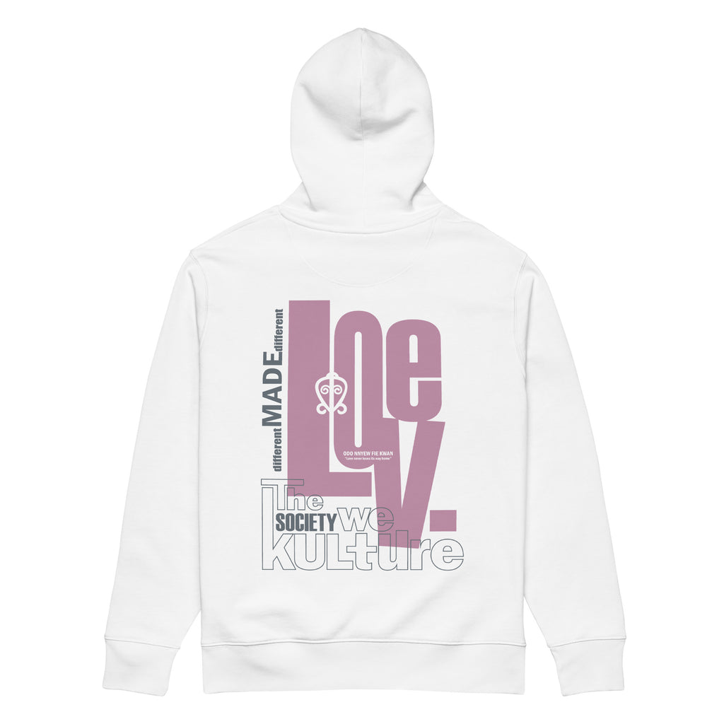 Flat lay of the white organic cotton hoodie featuring "The Society We Kulture" brand's "Love" graphic design print from the back.