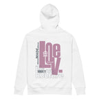 Flat lay of the white organic cotton hoodie featuring "The Society We Kulture" brand's "Love" graphic design print from the back.