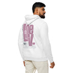 A male model showcasing the back of a white "Love" organic cotton hoodie by The Society We Kulture. The unisex graphic design is centered on the back of the high-quality, soft-texture fabric.