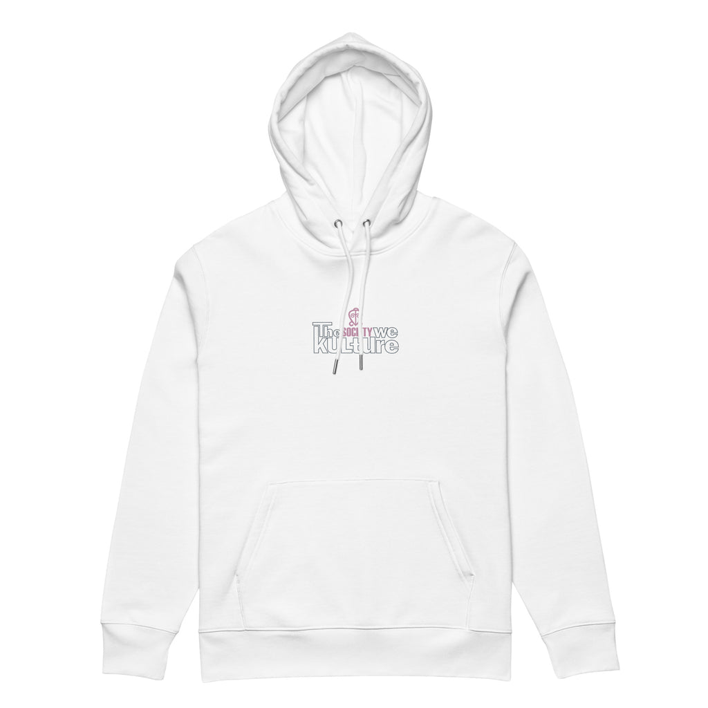 Flat lay of the white organic cotton hoodie featuring "The Society We Kulture" brand's "Love" graphic design print from the front.