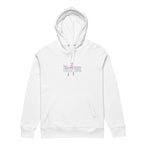 Flat lay of the white organic cotton hoodie featuring "The Society We Kulture" brand's "Love" graphic design print from the front.