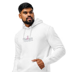 A male model showcasing the front of a white "Love" organic cotton hoodie by The Society We Kulture. The unisex graphic design is centered on the chest of the high-quality, soft-texture fabric.