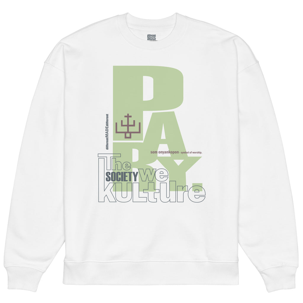 Flat lay of the white organic cotton hoodie featuring "The Society We Kulture" brand's "Pray" graphic design print.