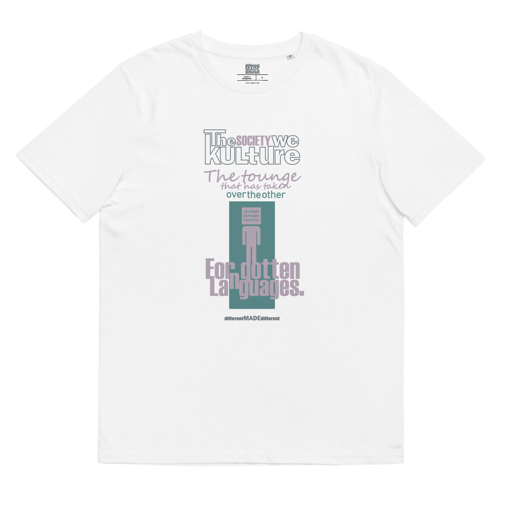 Flat lay of the white organic cotton t-shirt featuring "The Society We Kulture" brand's "Forgotten Languages" graphic design print.