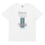 Flat lay of the white organic cotton t-shirt featuring "The Society We Kulture" brand's "Forgotten Languages" graphic design print.