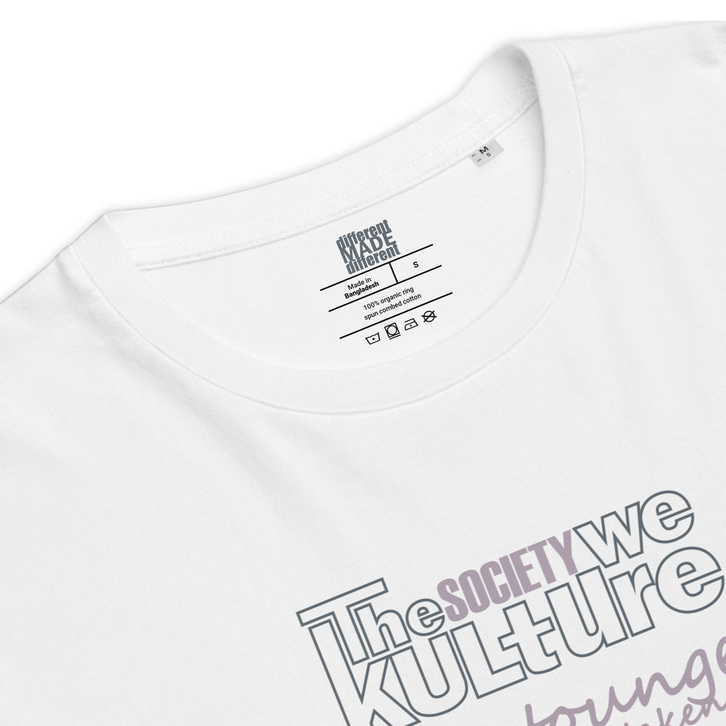 Interior neck label of “The Society We Kulture" organic cotton t-shirt. The text "Forgotten Languages" is printed on the fabric, showcasing a detailed view of the premium knit texture.
