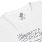 Interior neck label of “The Society We Kulture" organic cotton t-shirt. The text "Forgotten Languages" is printed on the fabric, showcasing a detailed view of the premium knit texture.